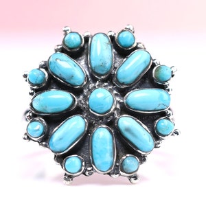 Sterling Silver Southwestern Turquoise Cluster Work Ring - Vintage Style Cluster Work Jewelry - Turquoise Boho Ring
