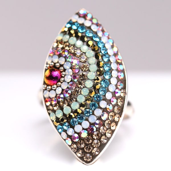 Sterling Silver Micro Mosaic Adjustable Ring - Featuring Dichroic Glass & Austrian Crystal - Handmade Sparkly, Colorful, Unique Gift Jewelry