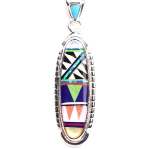 Sterling Silver Inlay Pendant - One of a Kind Geometric Southwestern Necklace - Unique Gift Jewelry - Mother of Pearl, Opals
