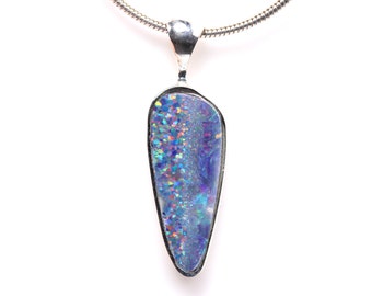 Sterling Silver Genuine Australian Boulder Opal Doublet Pendant - High Quality Opal - October Birthstone - Rainbow Blue Fire Opal Necklace