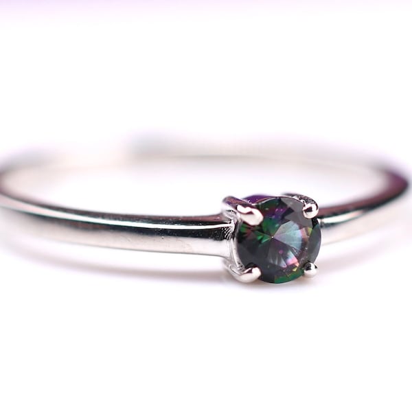 Dainty Mystic Topaz Sterling Silver Ring - 4mm Round Cut Ring - Stackable Minimalist Jewelry - Rainbow Topaz November Birthstone