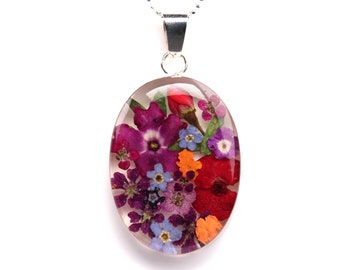 Sterling Silver Pressed Flower Necklace - Chain Included! Botanical Resin Jewelry - Terrarium, Wildflowers, Roses, Miniature Garden Gift