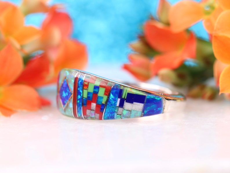 Sterling Silver Zuni Inspired Inlay Ring Size 8 Fire Opal Ring One of a Kind Rainbow Ring Native American Inspired Art Jewelry