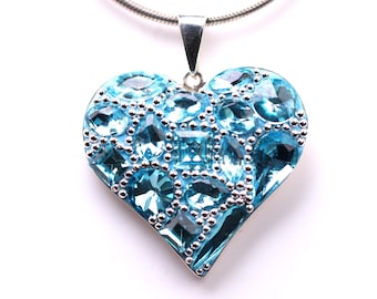One of a Kind Sterling Silver Micro Mosaic Heart Pendant - Featuring Dichroic Glass & Austrian Crystal