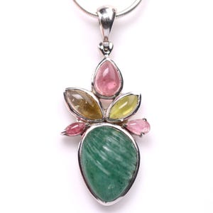 Sterling Silver Green and Pink Tourmaline Pendant - One of a Kind Jewelry - Carved, Raw & Polished Faceted Necklace