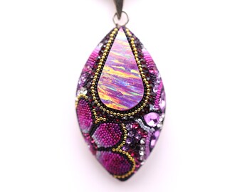 Large Sterling Silver Tear Drop Shape Micro Mosaic Opal Pendant - Featuring Dichroic Glass & Austrian Crystal