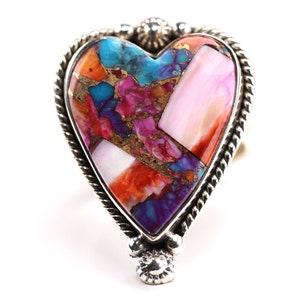 Sterling Silver Southwestern Spiny Oyster & Turquoise Ring - Vintage Style Heart Shape Jewelry - Adjustable Size - Unique Gift for Her
