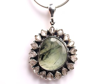Herkimer Diamond & Green Rutilated Quartz Cluster Work Pendant - Sterling Silver Halo Setting Necklace - One of a Kind Herkimer Jewelry