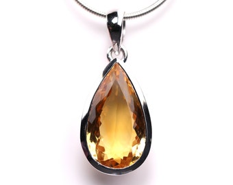 Large Natural Citrine Pendant - Sterling Silver Pear Shaped Teardrop Cut Necklace - November Birthstone Jewelry - Unique Gift for Her