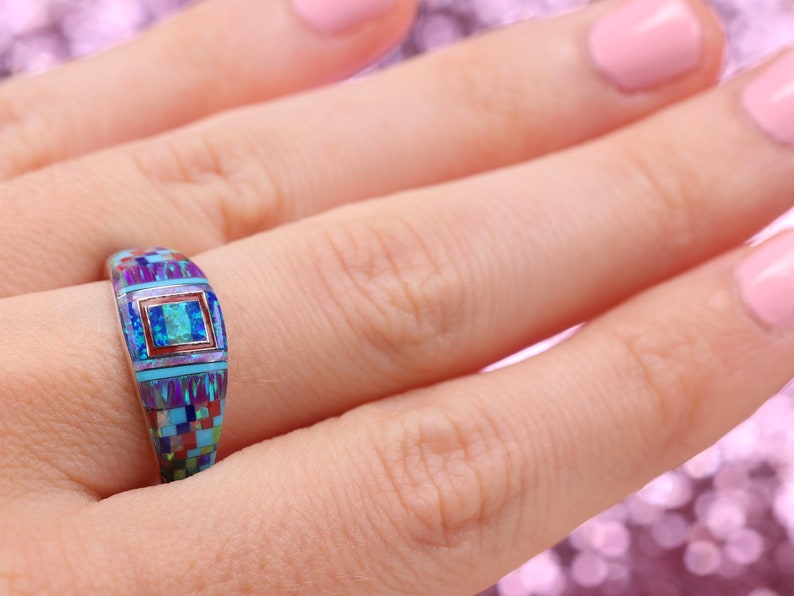 Size 9 Fire Opal Zuni Inspired Inlay Ring One of a Kind Rainbow Ring Sterling Silver Geometric Multicolor Gemstone Inlay Jewelry