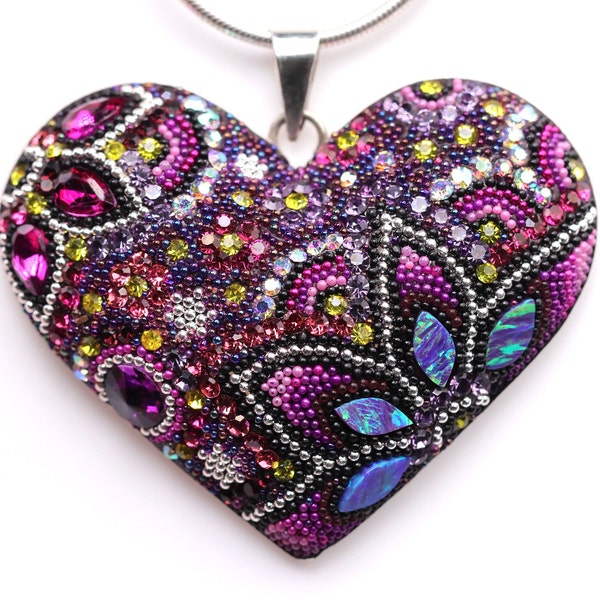 Large Sterling Silver Micro Mosaic Pendant - Featuring Dichroic Glass & Austrian Crystal - Handmade Jewelry - Heart Shape Necklace