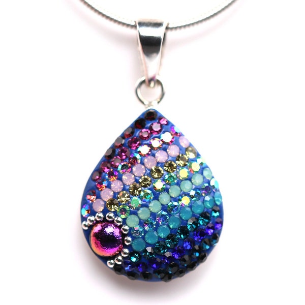Sterling Silver Micro Mosaic Teardrop Pendant - Featuring Dichroic Glass & Austrian Crystal - Handmade Jewelry - Sparkly, Colorful, Unique