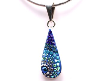 Small Sterling Silver Micro Mosaic Teardrop Pendant - Featuring Dichroic Glass & Austrian Crystal - Handmade Jewelry