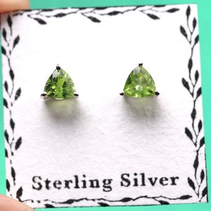 Peridot Stud Earrings - 5mm Trilliant Cut - Sterling Silver Stud Earrings - August Birthstone Jewelry - Simple Modest Studs - Triangle Shape