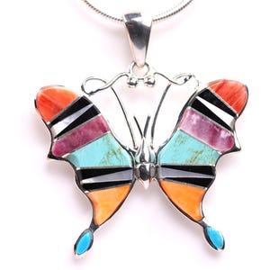 Southwestern Geometric Inlay Butterfly Pendant - Sterling Silver Jewelry - Made in the USA - One of a Kind Necklace - Turquoise Spiny Oyster