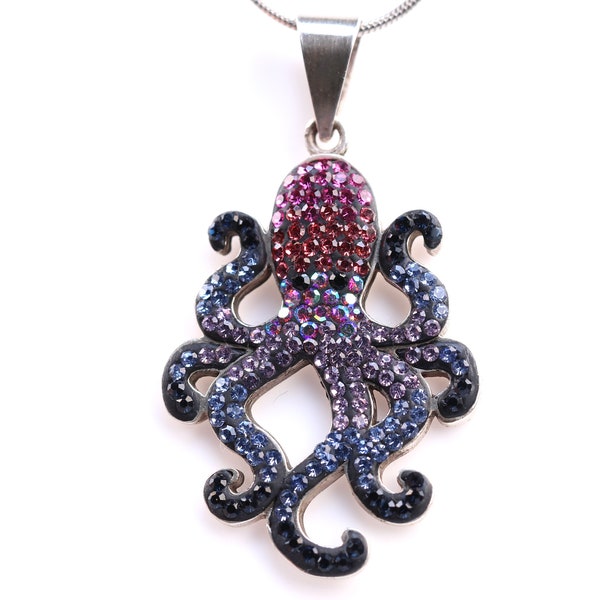 Sterling Silver Micro Mosaic Octopus Pendant - Featuring Dichroic Glass & Austrian Crystal - Handmade Jewelry - Sparkly, Colorful, Unique
