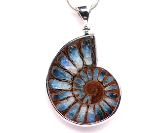 Ammonite Pendant with Blue Ice Glacierite Inlay Pendant - Sterling Silver Statement Necklace - Ammonite Fossil Jewelry