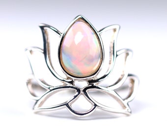 Natural Ethiopian Opal Sterling Silver Lotus Flower Ring - Teardrop Cut / Pearcut Ethiopian Opal Crystal Ring