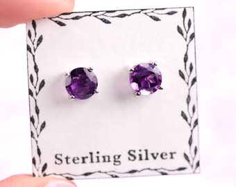 Amethyst Stud Earrings - 6mm Round Cut - Sterling Silver Stud Earrings