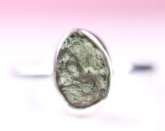 Size 7 - Sterling Silver Moldavite Ring - One of a Kind Raw Moldavite Jewelry