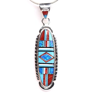 Sterling Silver Inlay Pendant - One of a Kind Geometric Southwestern Necklace - Unique Gift Jewelry - Mother of Pearl, Opals
