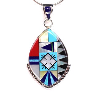 Sterling Silver Southwestern Inlay Pendant - One of a Kind Southwestern Pendant - Turquoise, Mother of Pearl, Red Coral, Fire Opal Necklace