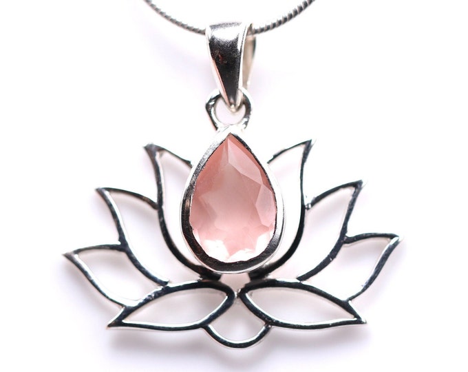 Genuine Rose Quartz Lotus Pendant - Sterling Silver Boho Necklace - January Birthstone Jewelry - Unique Gift for Her