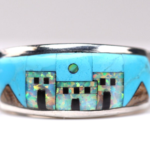 Türkis und Weiß Feueropal Adobe Edelstein Inlay Ring - Sterling Silber Micro Mosaik Schmuck - Einzigartiges Geschenk