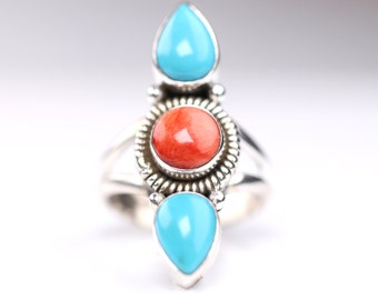 Size 8 - Sterling Silver Turquoise & Red Coral Ring - Southwestern One of a Kind Ring - Sleeping Beauty Turquoise