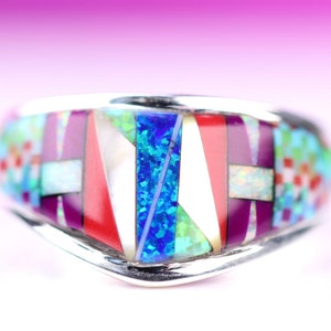 Size 9 - Southwestern Zuni Inspired Inlay Ring - Geometric Multicolor Gemstones Inlay - One of a Kind Sterling Silver Rainbow Unique Ring
