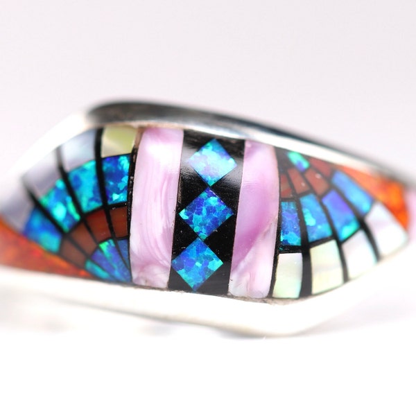 Sterling Silver Southwestern Geometric Multicolor Gemstone Inlay Ring - One of a Kind Inlaid Jewelry - Turquoise, Charoite, Blue Fire Opal