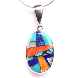 Southwestern Geometric Inlay Pendant - Sterling Silver Jewelry - Made in the USA - One of a Kind Necklace - Turquoise, Spiny Oyster