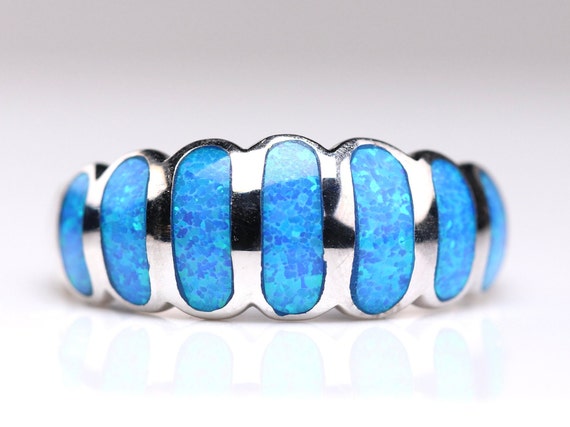 Sterling Silver Blue Fire Opal Inlay Ring - Hawaiian Blue Opal