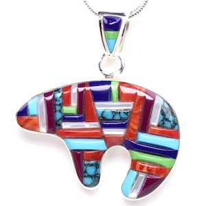 Sterling Silver Geometric Bear Inlay Pendant - One of a Kind Southwestern Design Motif Necklace - Turquoise, Mother of Pearl, Lapis