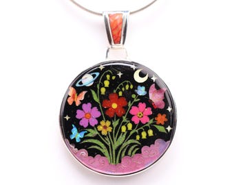 Sterling Silver Inlay Pendant with Outer Space, Night Sky, Flowers, Butterflies, and Clouds