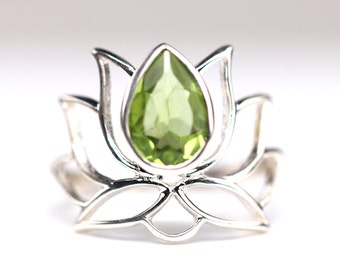 Natural Peridot Sterling Silver Lotus Flower Ring - Teardrop Cut / Pearcut Peridot Crystal Ring - August Birthstone Jewelry