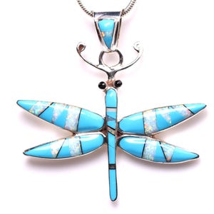 Sterling Silver Dragonfly Inlay Pendant - One of a Kind Southwestern Jewelry - Turquoise and Fire Opal Necklace