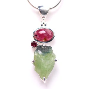 Sterling Silver Green and Pink Tourmaline Slice Pendant - One of a Kind Jewelry - Raw & Polished Faceted Necklace