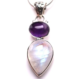 Sterling Silver Rainbow Moonstone & Amethyst Pendant - June Cancer Birthstone Jewelry - Rainbow Moonstone Necklace