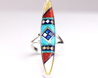 Southwestern Geometric Blue Fire Opal & Black Jet Gemstone Inlay Ring - Sterling Silver Long Finger Ring - Turquoise, Red Fire Opals