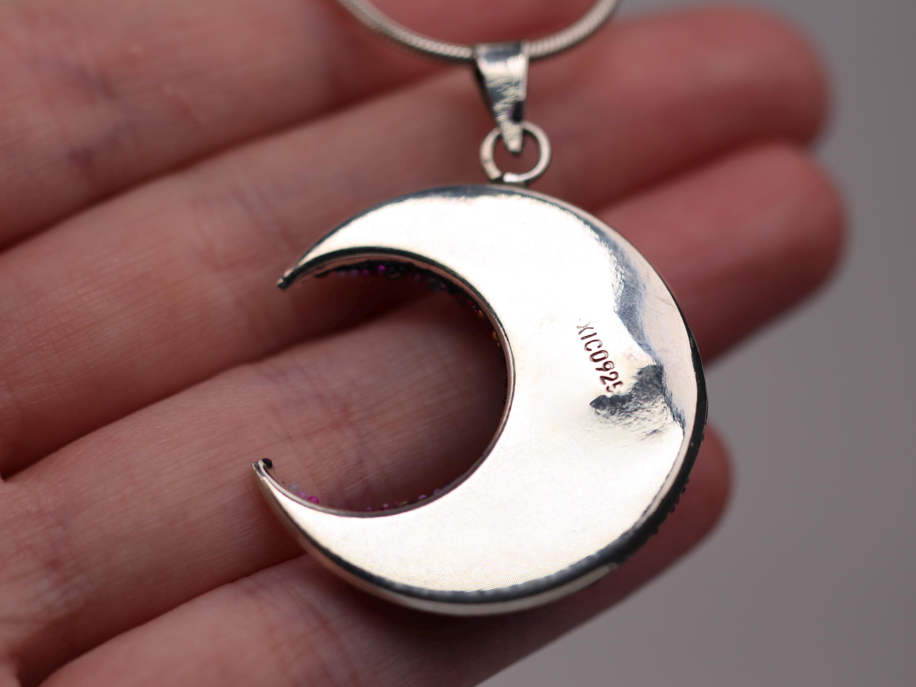 Sterling Silver Micro Mosaic Crescent Moon Pendant - Featuring