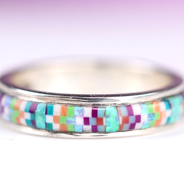 Size 9 - Southwestern Inlay Eternity Band - One of a Kind Handmade Artisan Ring - Unique Inlaid Jewelry