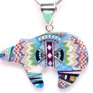 Large One of a Kind Sterling Silver Bear Pendant with Psychedelic Micro Mosaic Pattern - Handcrafted Artisanal Inlay Jewelry Necklace