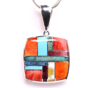Southwestern Geometric Inlay Pendant - Sterling Silver Jewelry - Made in the USA - One of a Kind Necklace - Turquoise, Spiny Oyster
