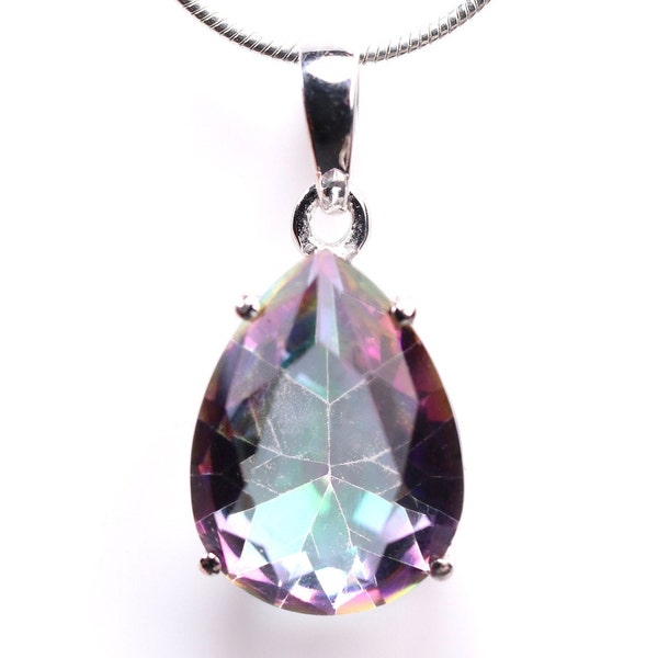 Genuine Mystic Topaz Pendant - Sterling Silver Teardrop Shaped Boho Necklace - Unique Gift for Her