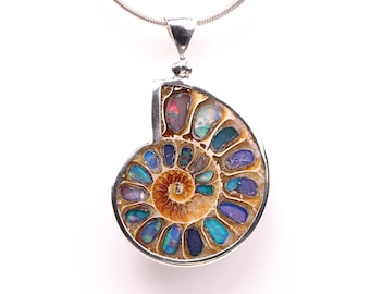 Ammonite Inlay Pendant with Ethiopian Opal Inlay - Sterling Silver Statement Necklace - One of a Kind Fossil Jewelry