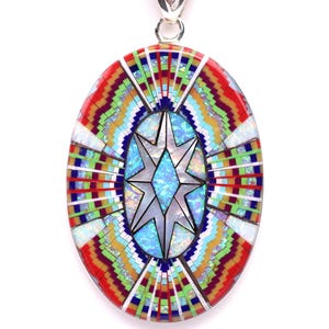 Large Sterling Silver Micro Inlay Pendant - Unique Artisan Necklace - Southwestern Jewelry - Colorful Handmade Fire Opal Gift