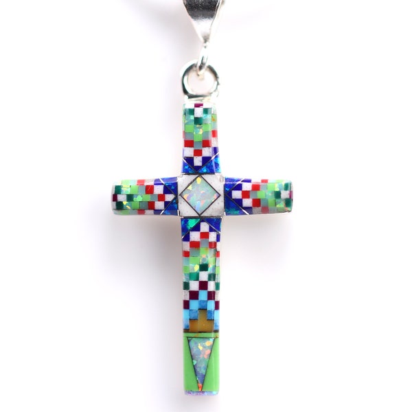Cross Pendant - Southwestern One of a Kind Sterling Silver Pendant - Native American Style Micro Inlay Cross Necklace - Easter Gifts