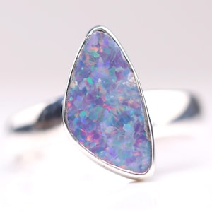 Size 8 - Sterling Silver Genuine Australian Boulder Opal Doublet Ring - October Birthstone - Rainbow White Fire Opal Jewelry