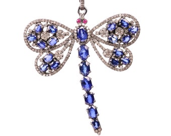 Blue Sapphire Dragonfly Pendant - Pave Diamond Fine Jewelry